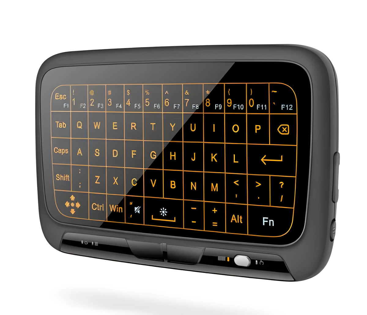 H18 mini wireless keyboard in black with touchpad, mouse wheel, and backlit keys