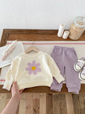Purple baby girl two-piece set with flower sweatshirt and sweatpants in cotton, sizes 73cm to 110cm