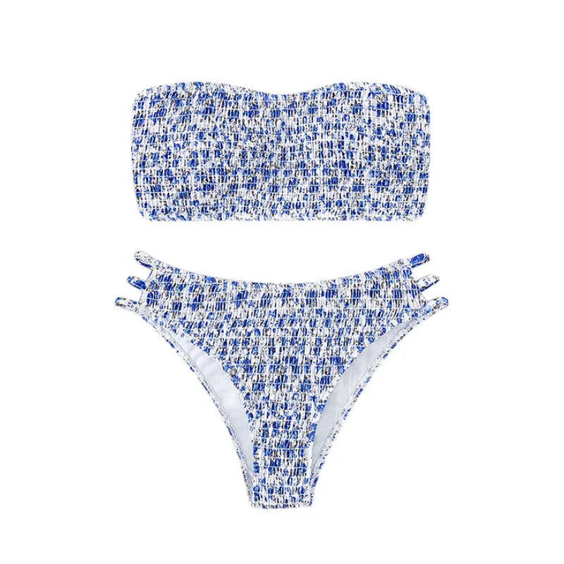 Women's floral strapless swimsuit with split back design and high waist briefs in green or purple flower patterns