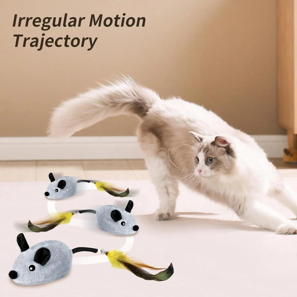 Interactive electric cat mouse toy with removable feather tail shown in grey and yellow colour options