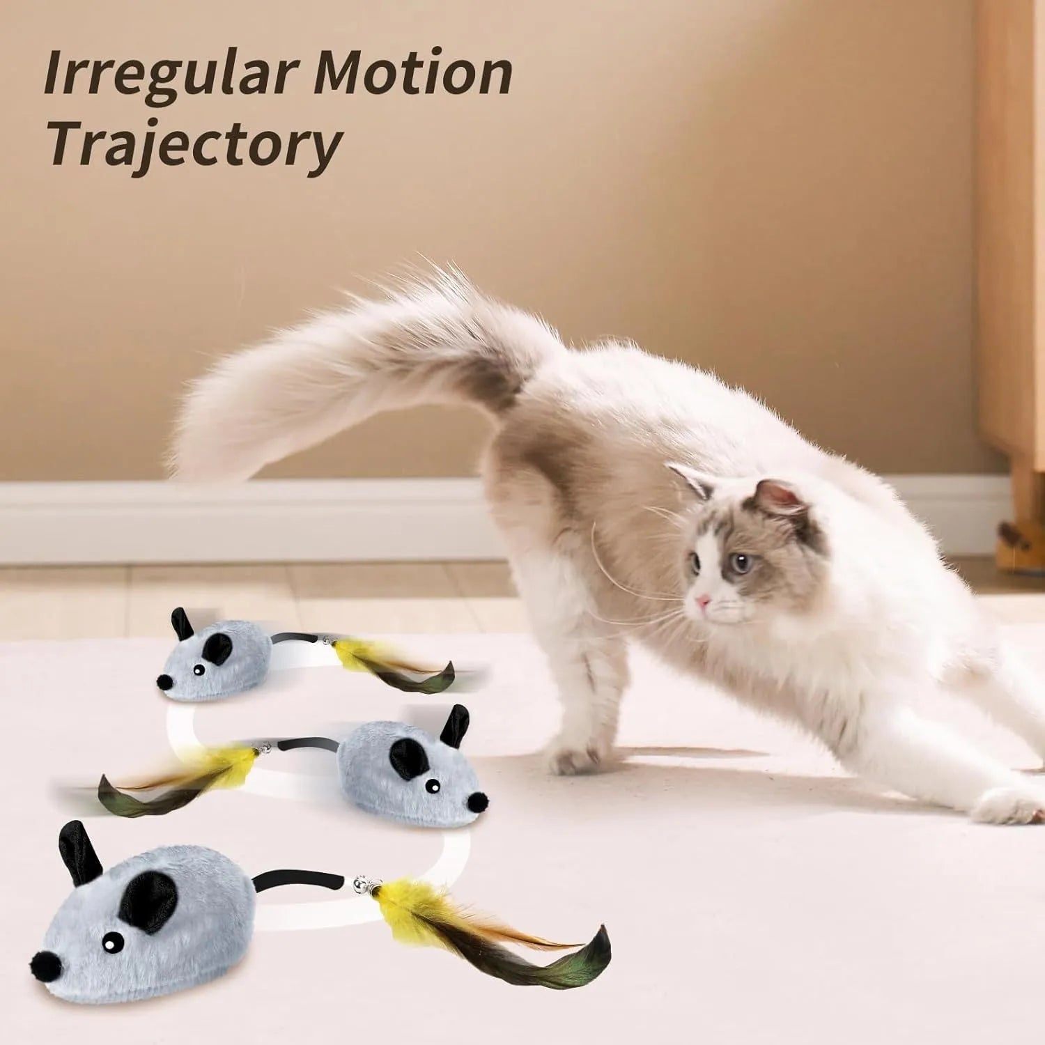 Interactive electric cat mouse toy with removable feather tail shown in grey and yellow colour options