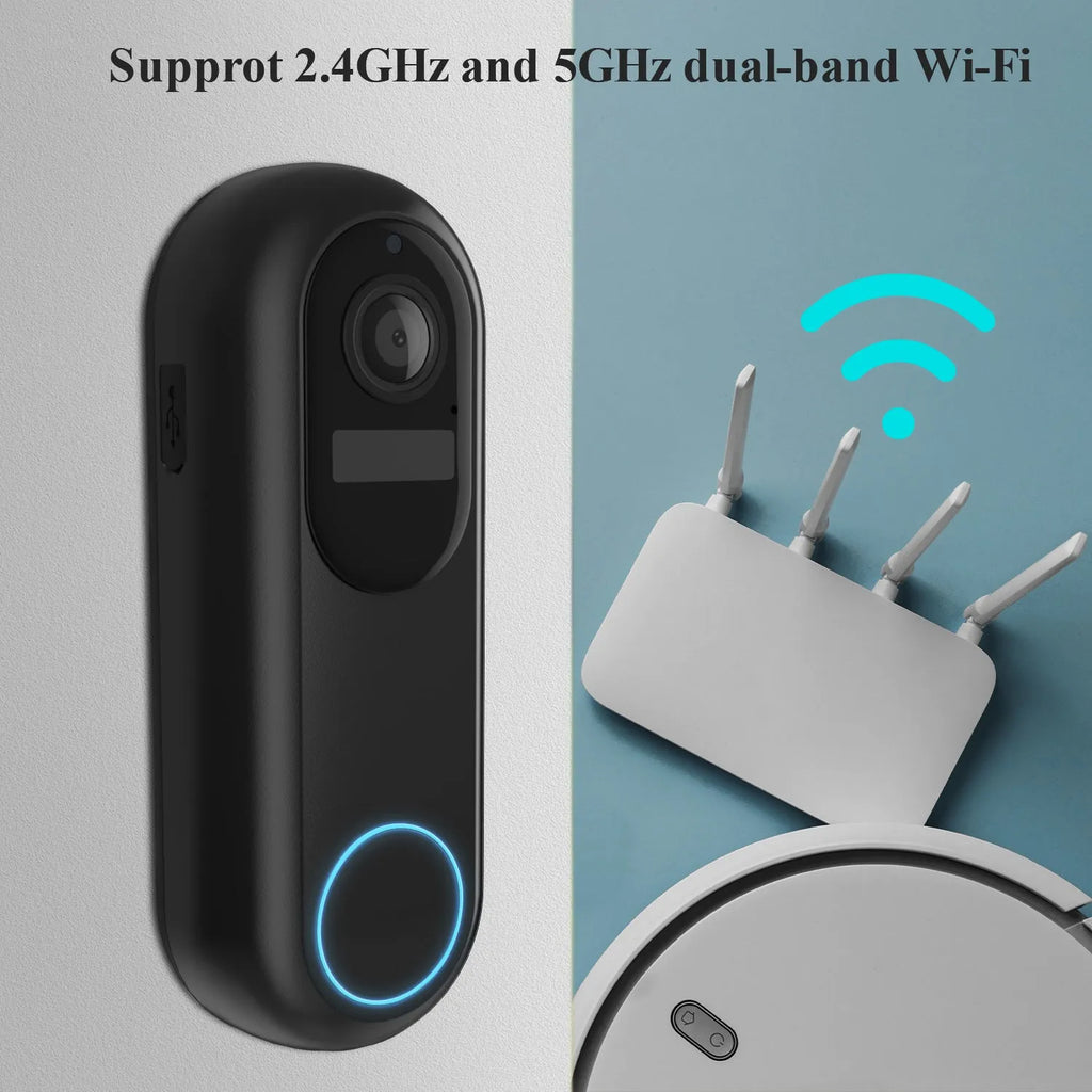 Smart visual doorbell intercom with 1080P HD camera, 5000mAh detachable battery, in black finish