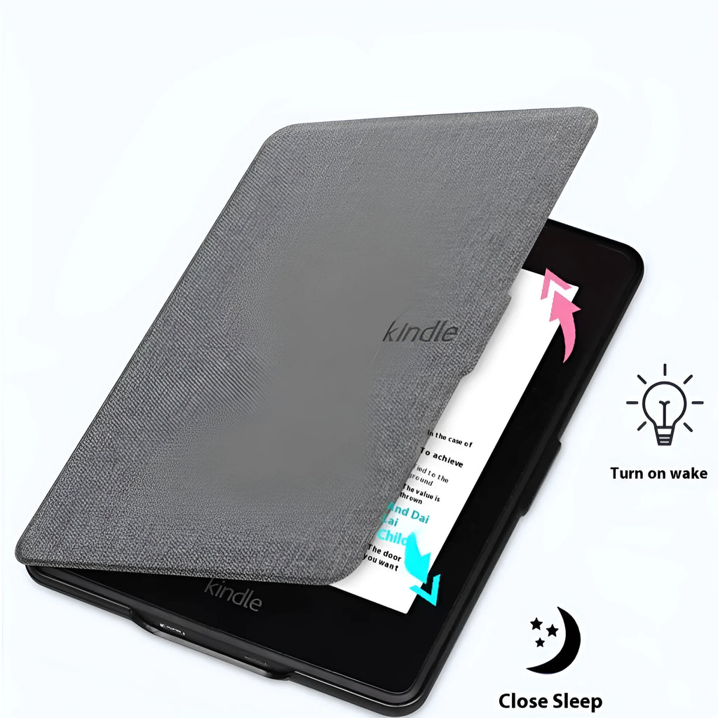 Linen-textured leather hard case for Kindle Paperwhite e-reader with magnetic closure, shown in purple colour.