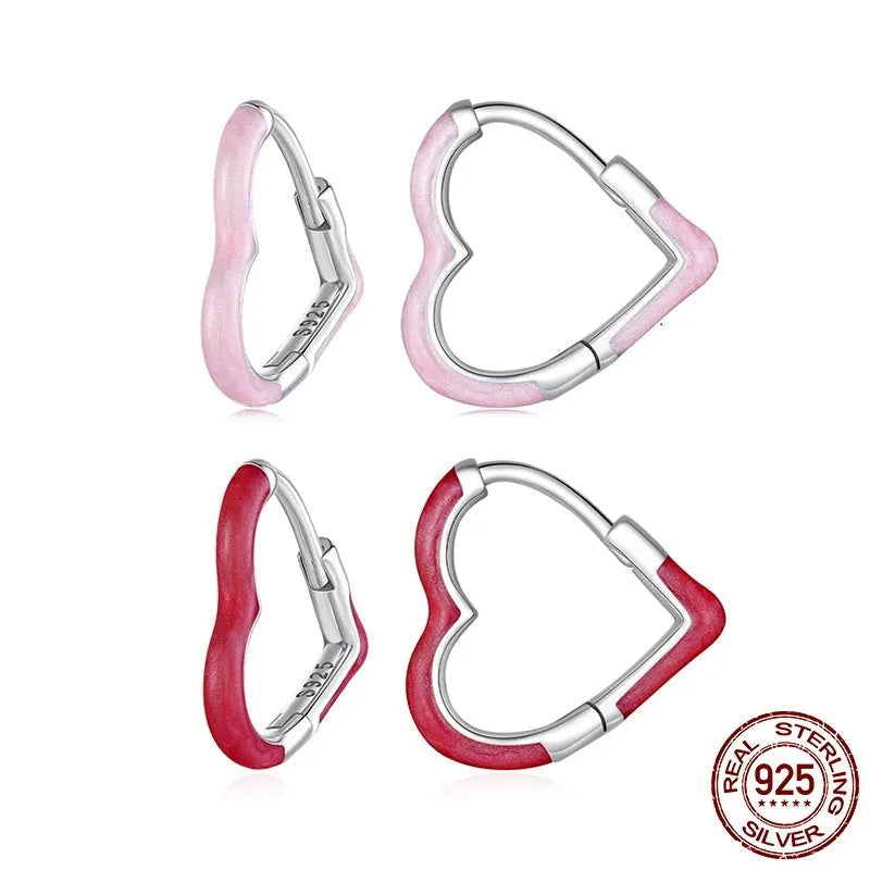 Pair of 925 silver heart stud earrings with pink or red dripping oil finish