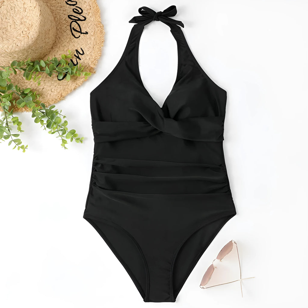 Women's solid colour cross-style one-piece swimsuit in polyester fabric