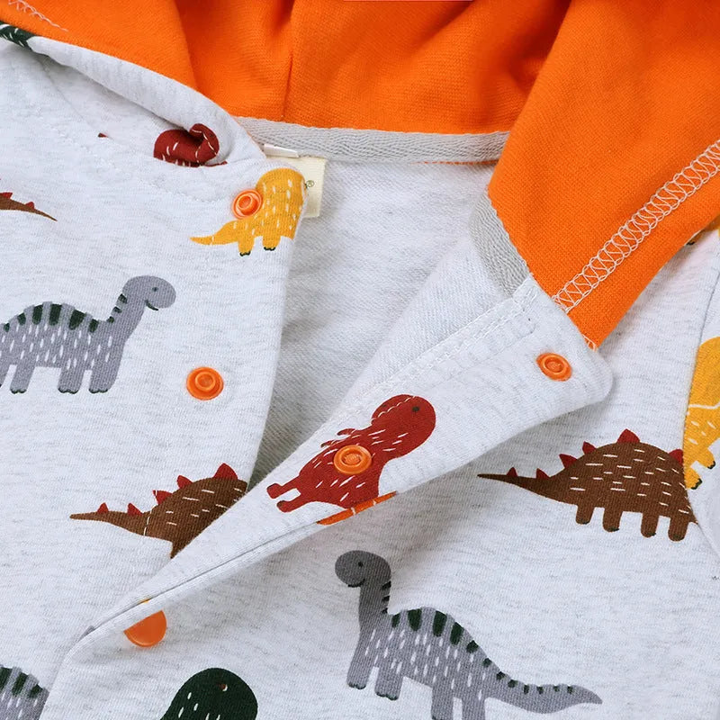 Dinosaur baby bodysuit in grey, blue, or pink with long sleeves, hood, and cotton fabric, Europe and America style