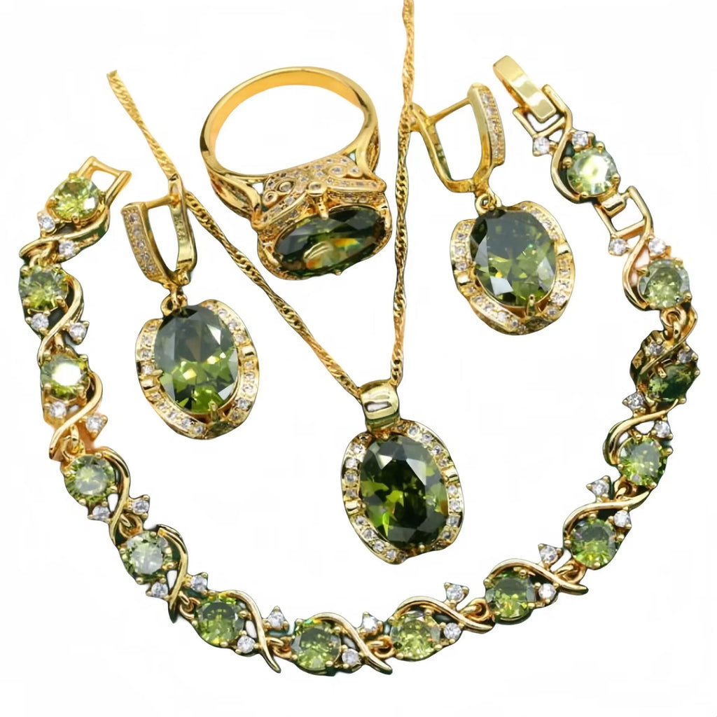 Olive green full rhinestone zircon jewellery set with snake bone chain necklace, earrings, and ring.