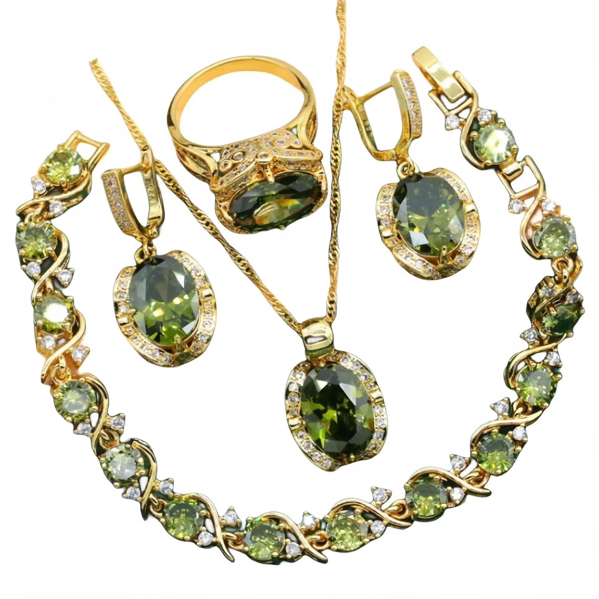 Olive green full rhinestone zircon jewellery set with snake bone chain necklace, earrings, and ring.