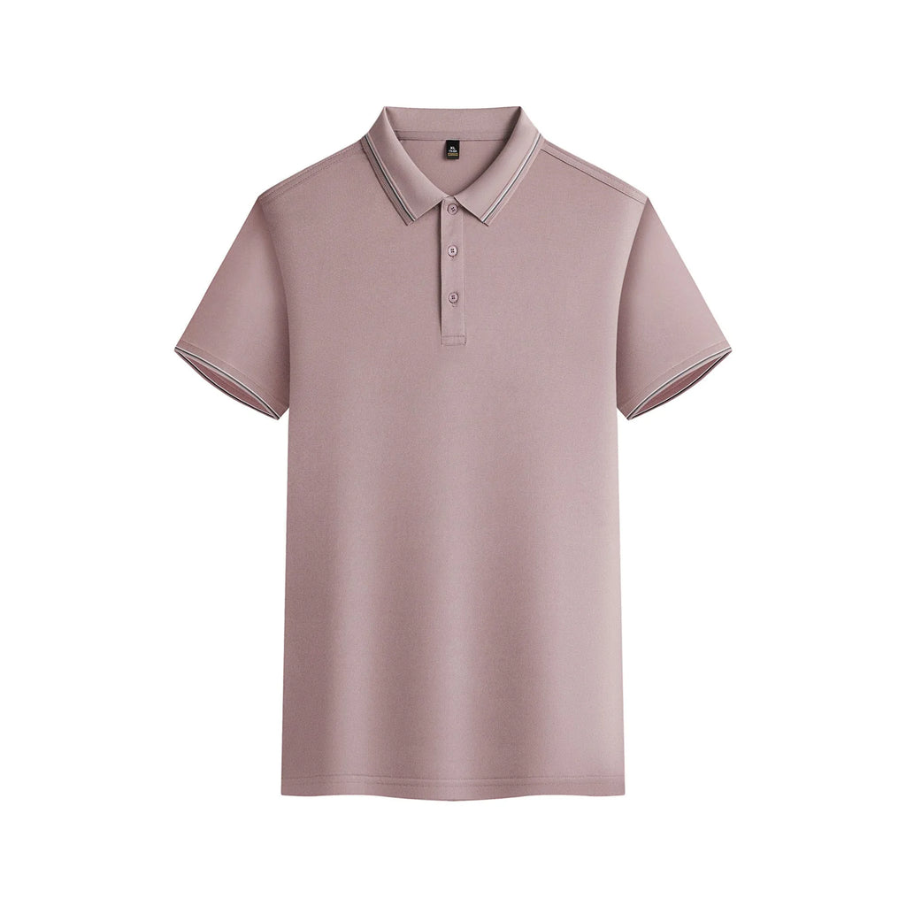 Solid colour short-sleeved polo shirt on hanger showing navy blue summer garment