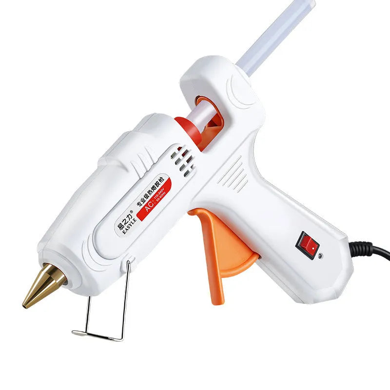 White electric hot melt glue gun with metal bracket stabiliser and anti-heat blanket