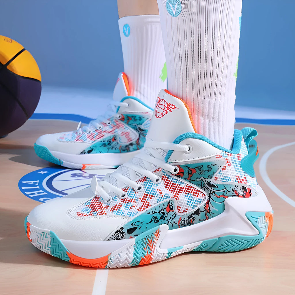 Men's breathable high top basketball shoe graffiti colour block non-slip rubber outsole front tie-up