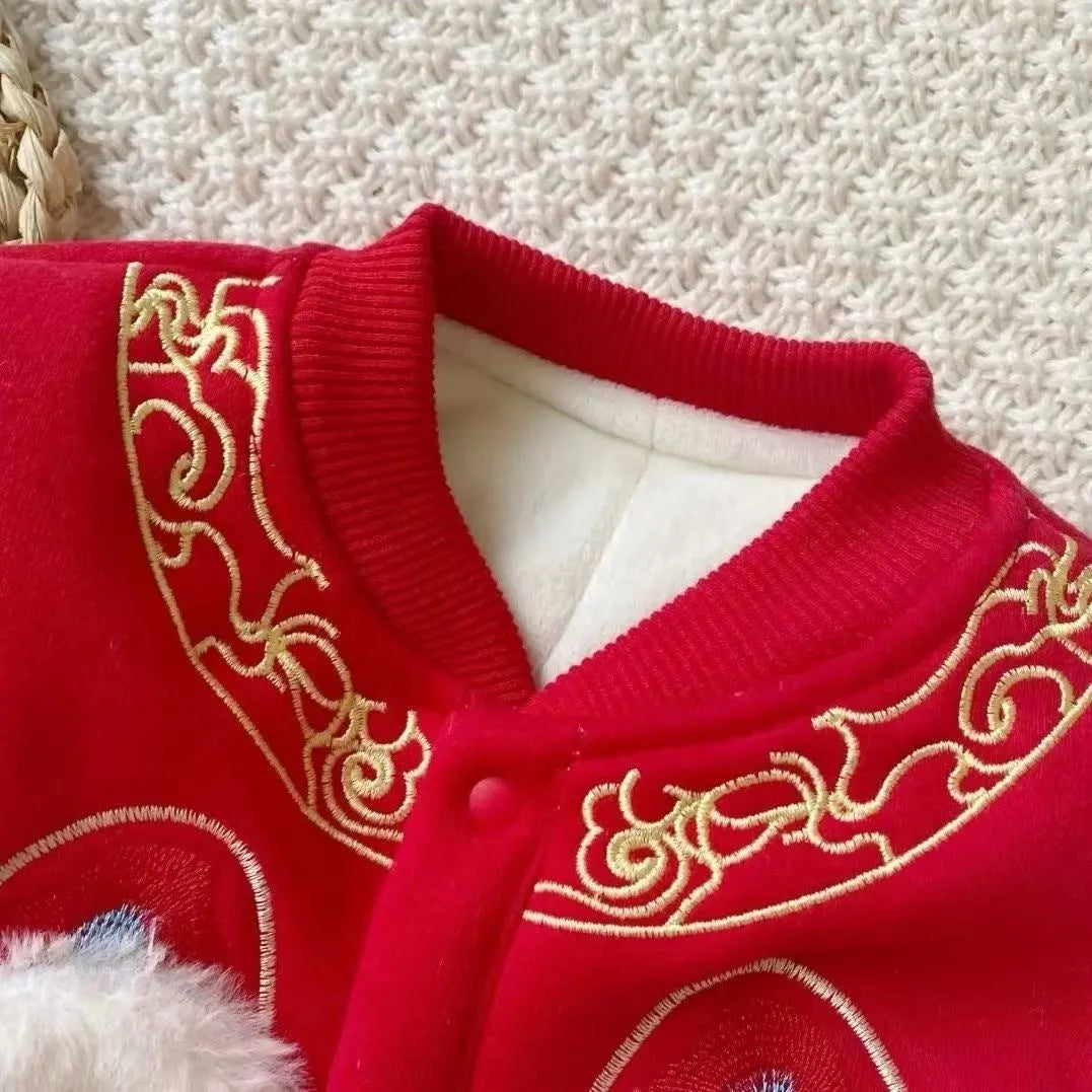Red embroidered lion dance costume with velvet and cotton on display showing long climbing style
