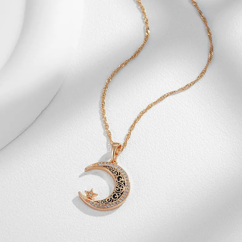 Rose gold tone star moon necklace with zircon enamel pendant on a water wave chain, unisex 21-50cm