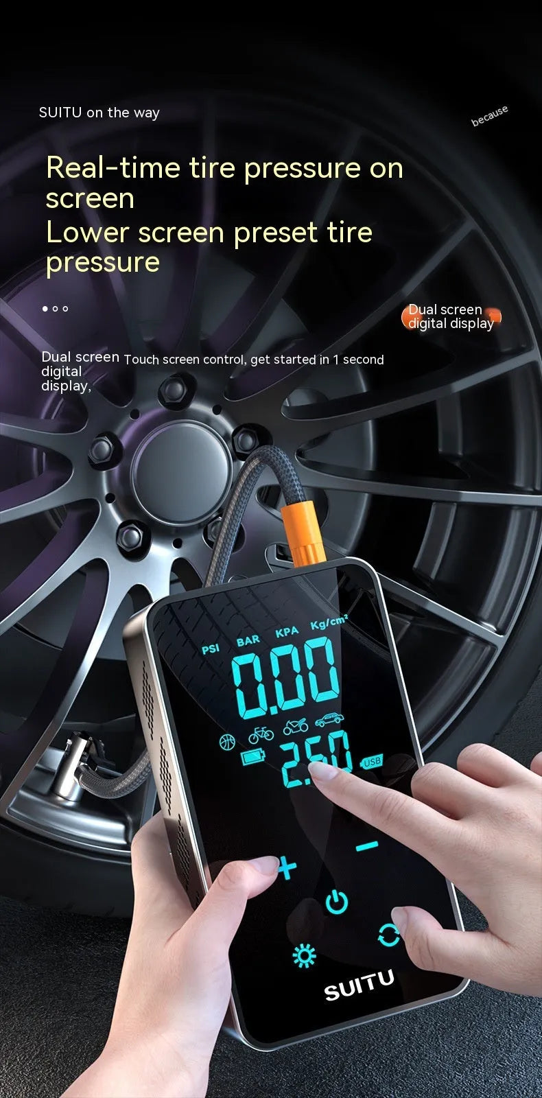 Black wireless car tyre inflator with LCD screen display and attached air hose on a grey background