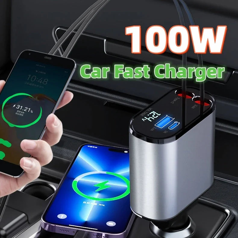 100W metal car charger with dual USB and USB-C ports, featuring fast charging, adjustable swivel design, and retractable cable for convenient in-car use