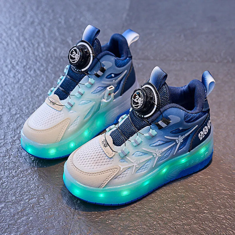 Blue children's knob roller skates with a twist-button fastening on the side