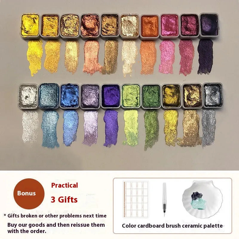 Traditional Chinese painting watercolour set showing 20 colour tubes including gold and silver metallics