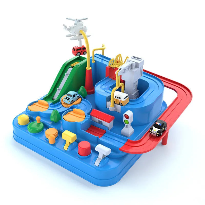 Big Adventure Parking Lot Rail Car Toy Track Set with plastic tracks, cars, and handle remote control.