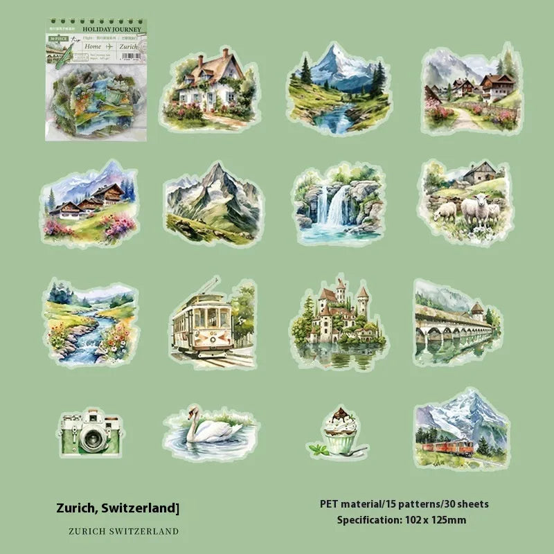 Retro-style journal stickers showing illustrations of world landmarks including Big Ben and the Arc de Triomphe