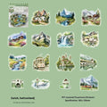 Retro-style journal stickers showing illustrations of world landmarks including Big Ben and the Arc de Triomphe