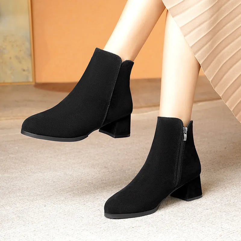 Women's pointed toe frosted suede boots with side zipper and chunky mid heel in solid colour