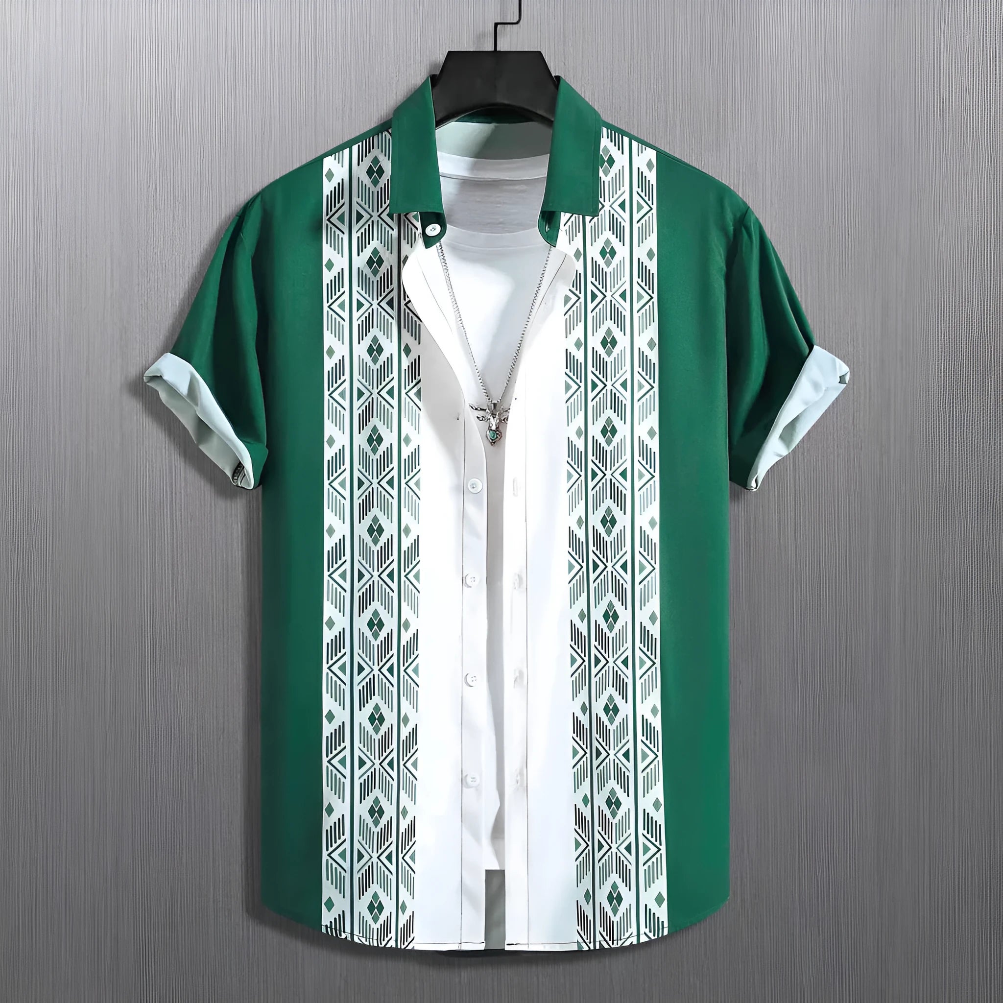 Men's plaid short-sleeved shirt with lapel cardigan style in polyester elastic fabric