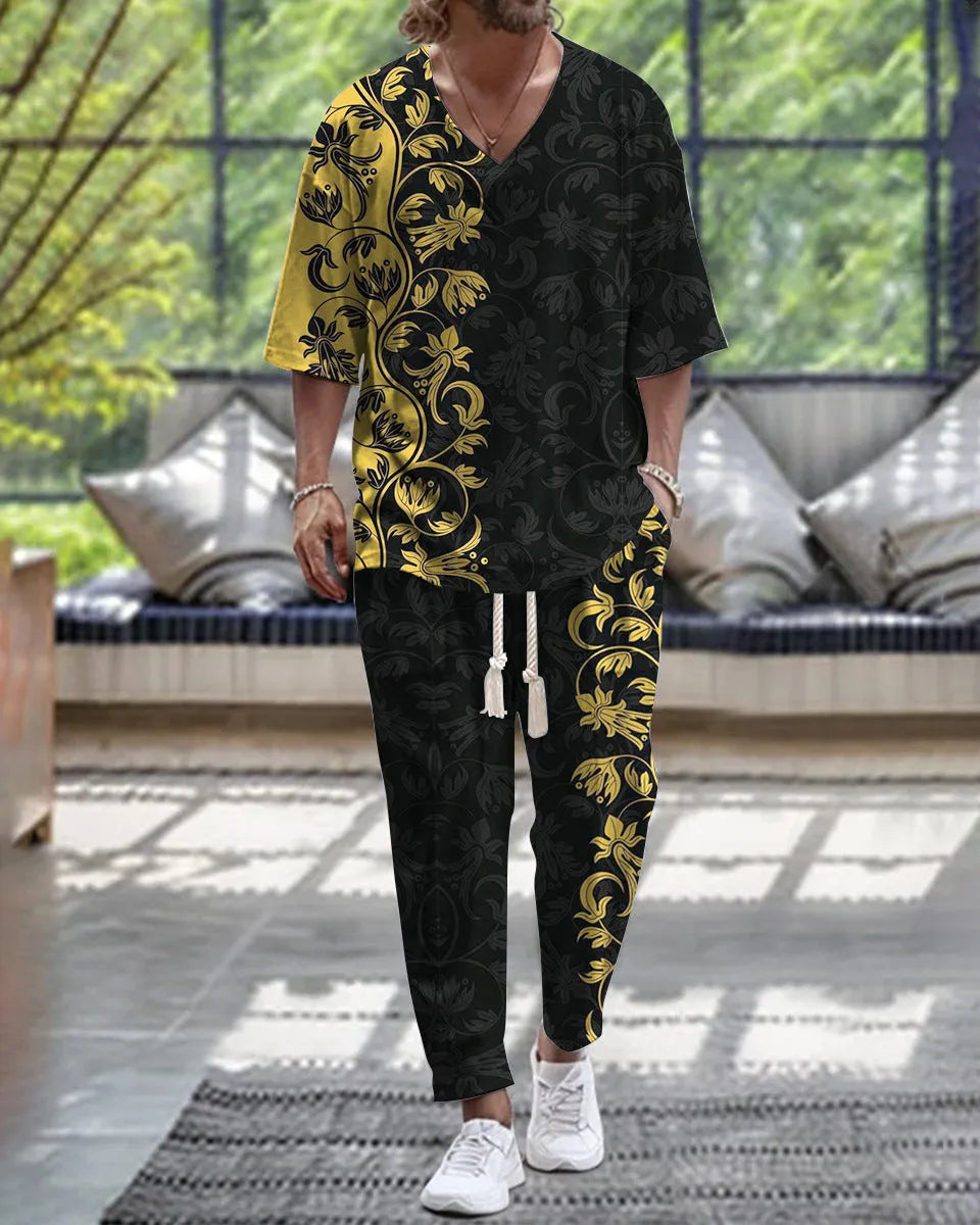 Women's cropped sleeve V-neck trousers suit in thin polyester fabric showing jacket and matching trousers