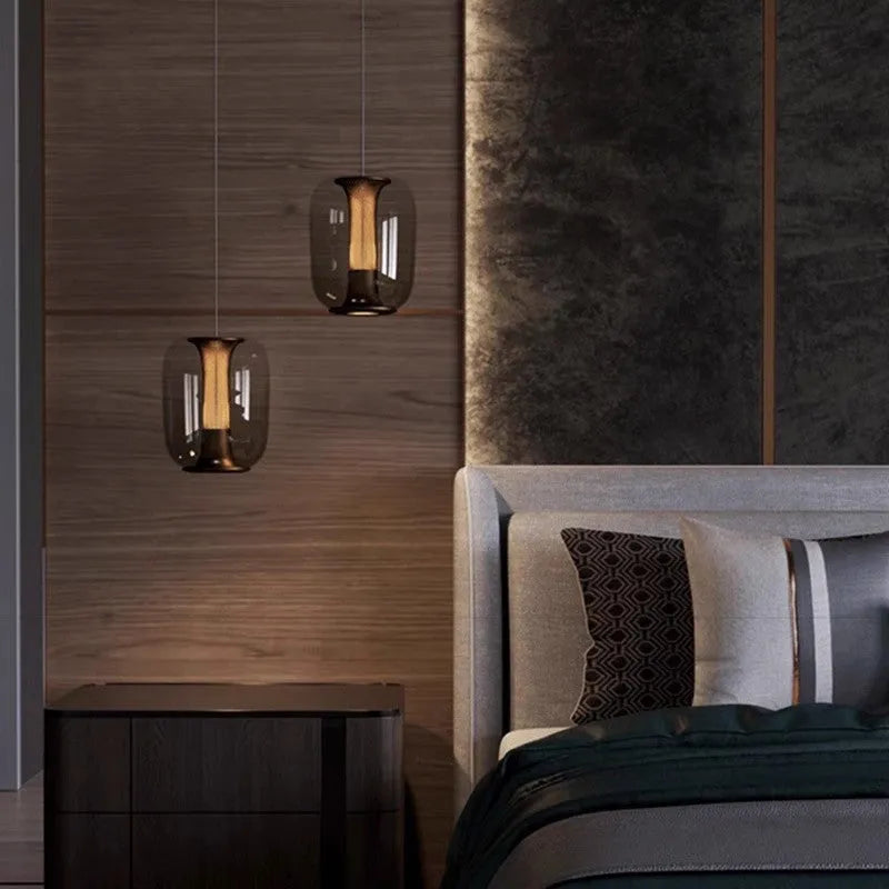 Nordic minimalist chandelier with 16cm diameter shown in transparent, cognac, and smoky grey colour options