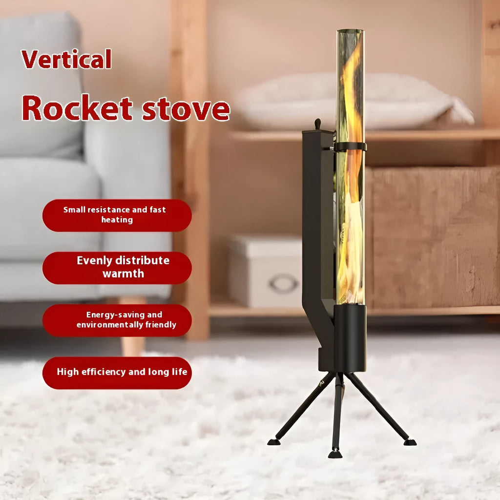 Vertical iron wood burning rocket furnace heating stove with decorative design
