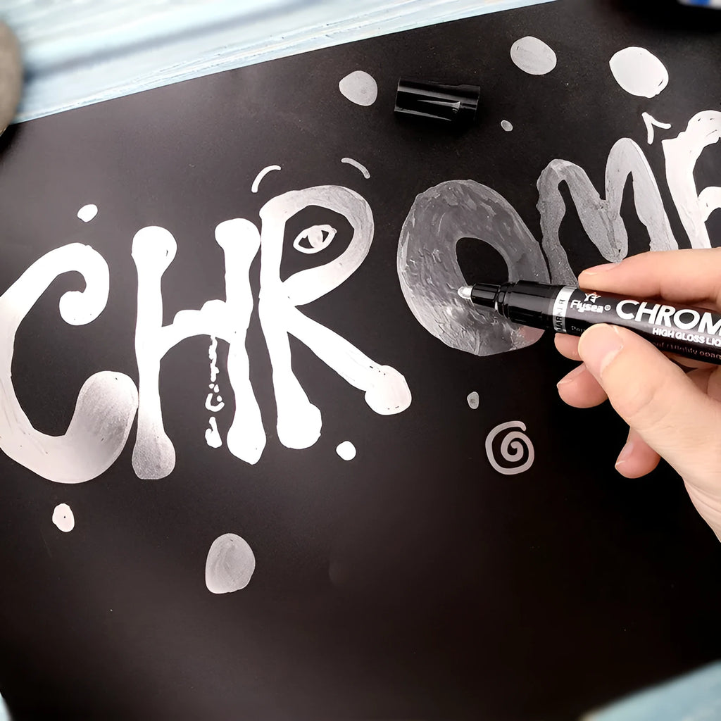 Flysea chrome-plated mirror finish paint pen with 3.0mm tip for writing on metal, glass, and other hard surfaces.