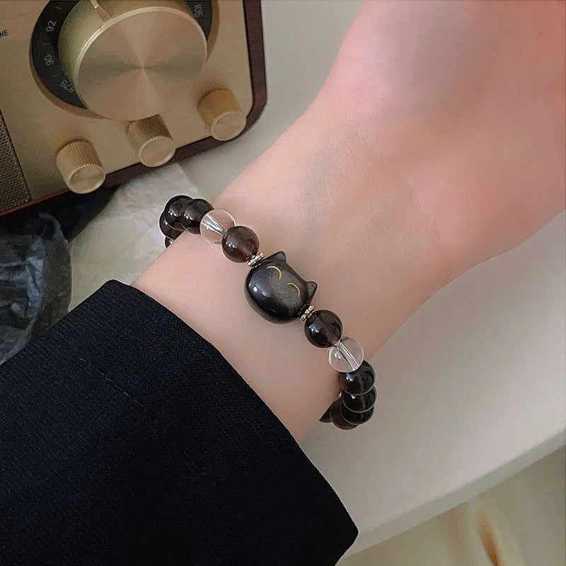 Women's silver tone bracelet with 8mm natural stone and cat head charm
