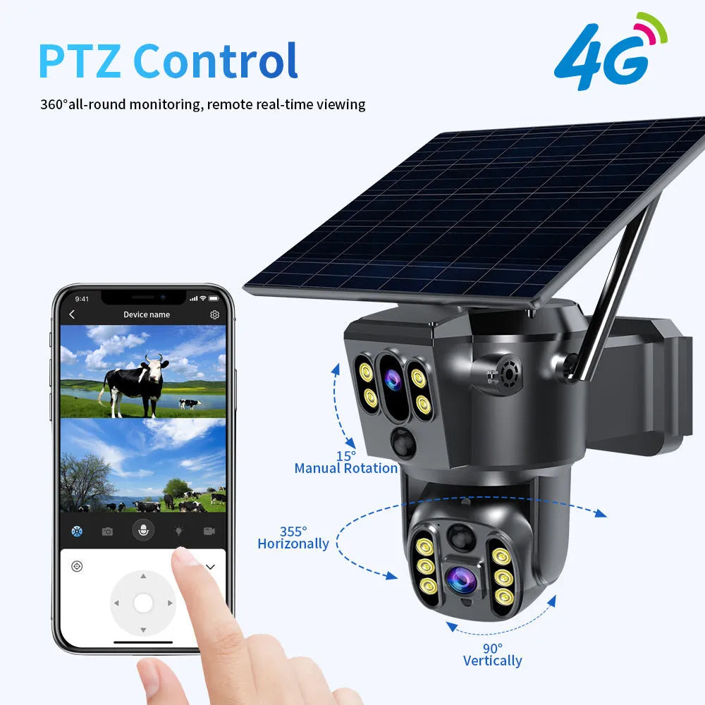 Solar-powered outdoor security camera with dual lens monitor on wall mount