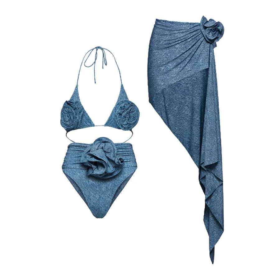 Women's one-shoulder cowboy print one-piece swimsuit with hollow-out detailing.