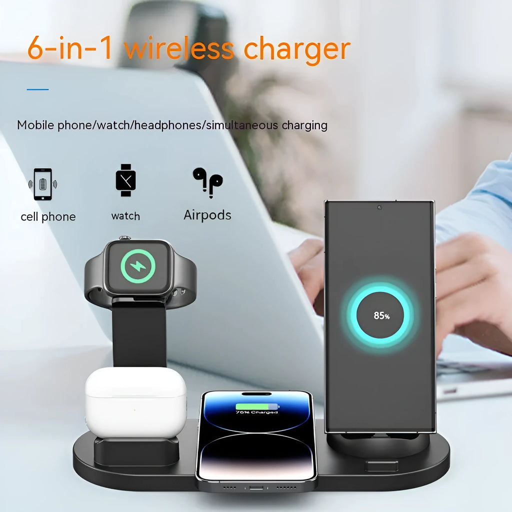 Black three-in-one wireless charging desk stand holding a phone, with integrated headphone bracket and fixed charging docks.