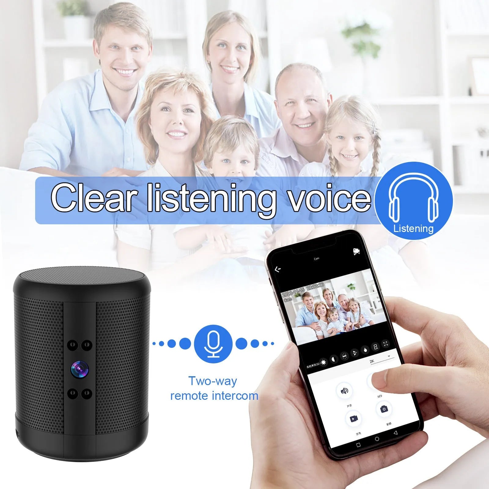 Home smart surveillance camera in black with dual voice and night vision for indoor use