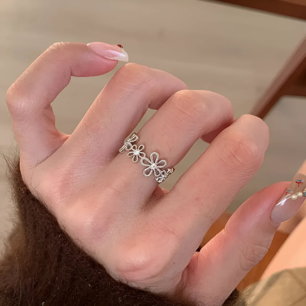 Metal geometry lace hollow flower ring for women in silver electroplated finish