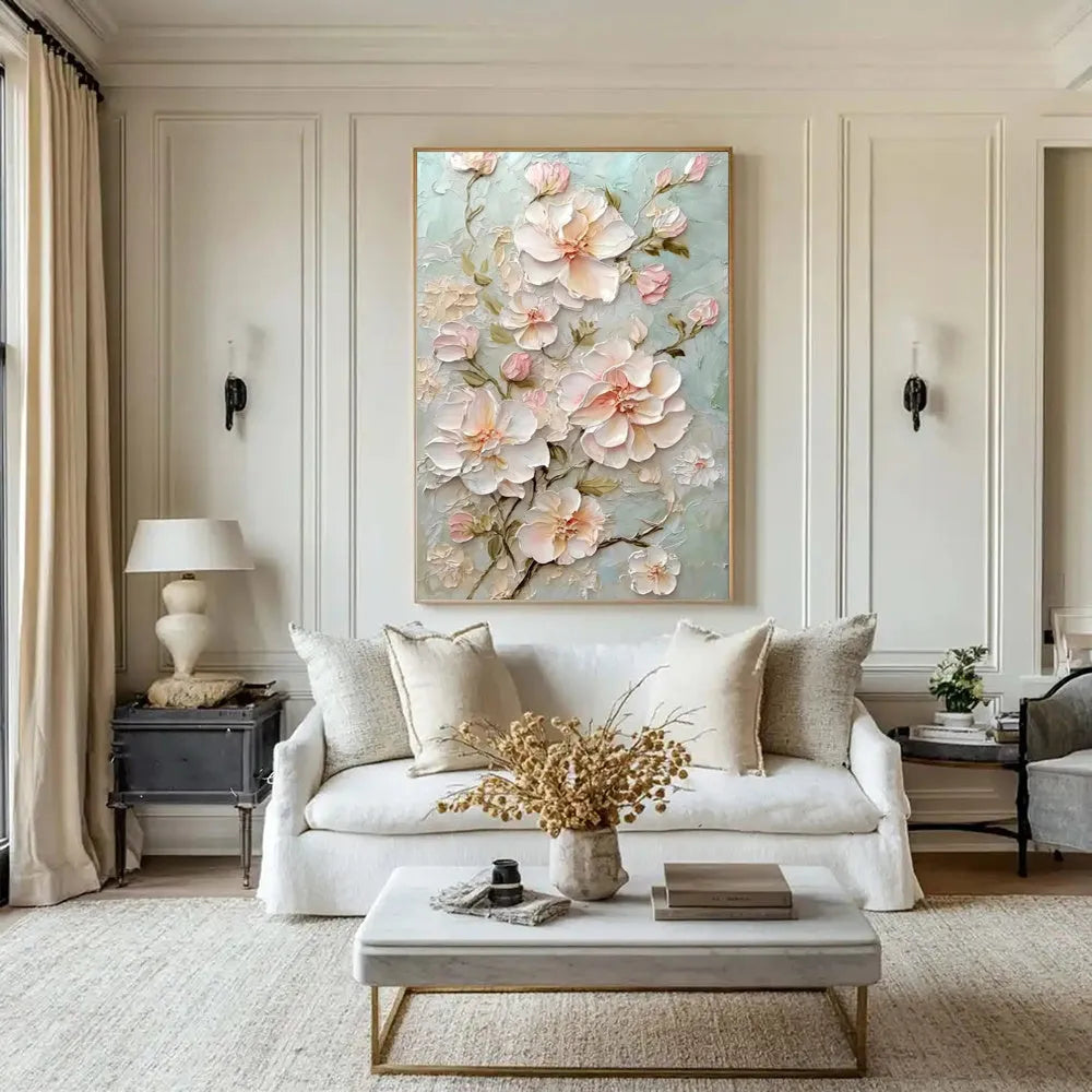 Handmade flower oil painting on canvas, vertical modern floral wall art, unframed one-panel design for living room decor