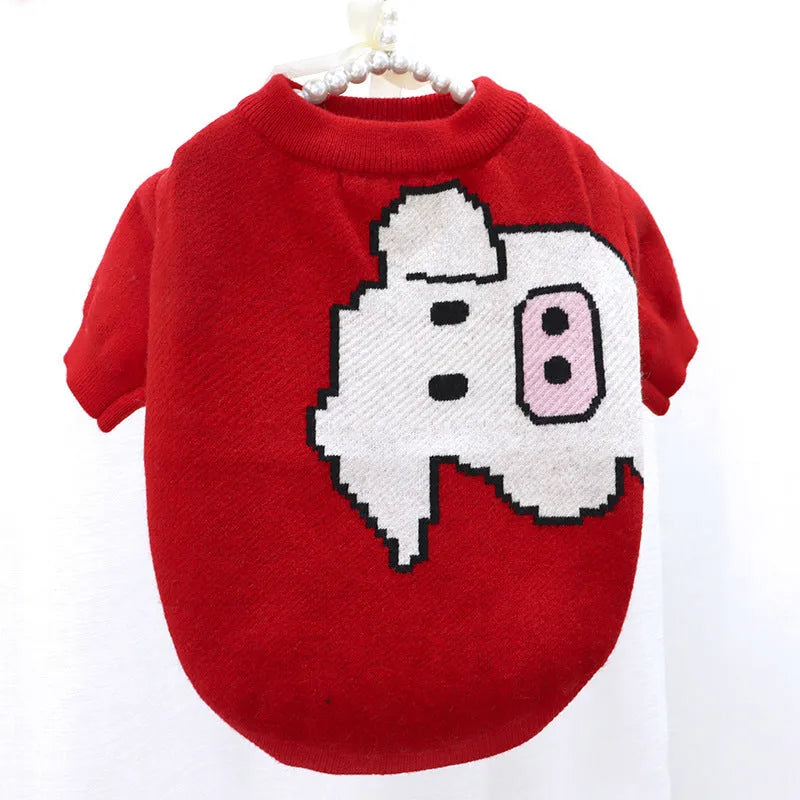 Cartoon jarre aero bull print wool dog sweater in rabbit, red pig, strawberry, or flower button cardigan design.