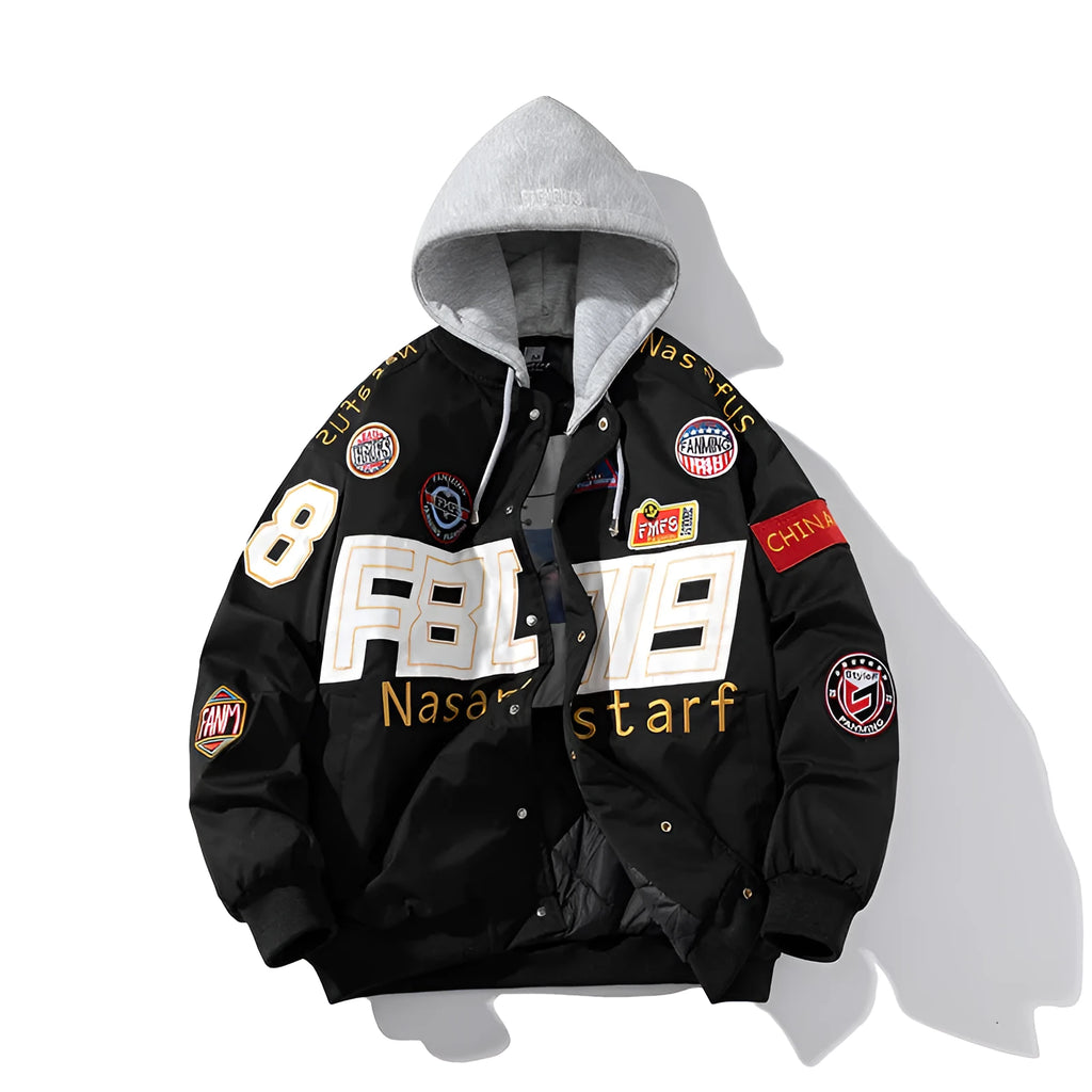 Black loose-fit American motorcycle baseball jacket with side pocket and optional hood