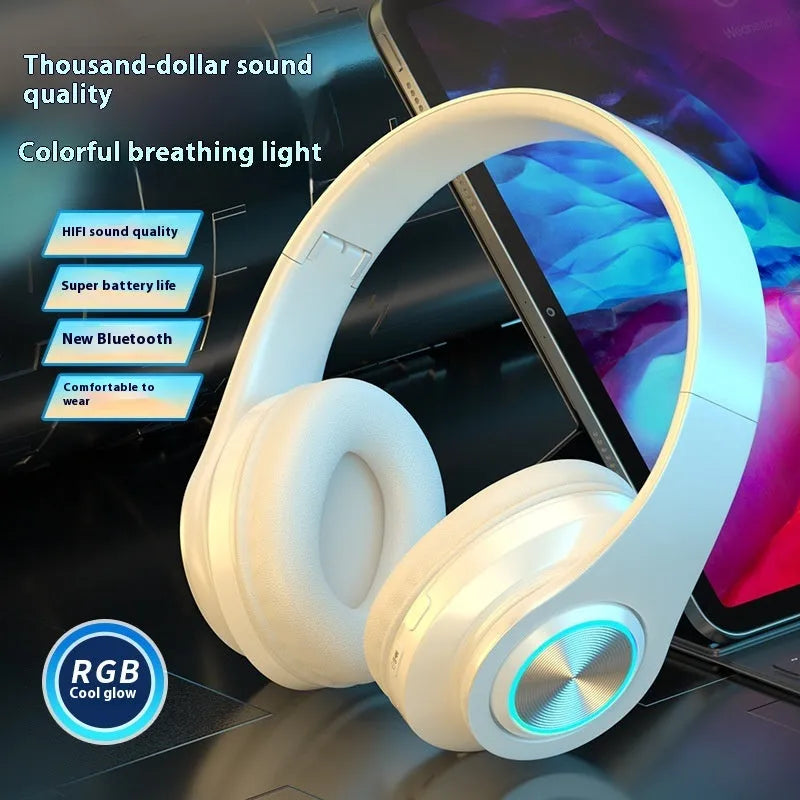 Black wireless over-ear gaming headset with breathable light on earcup.