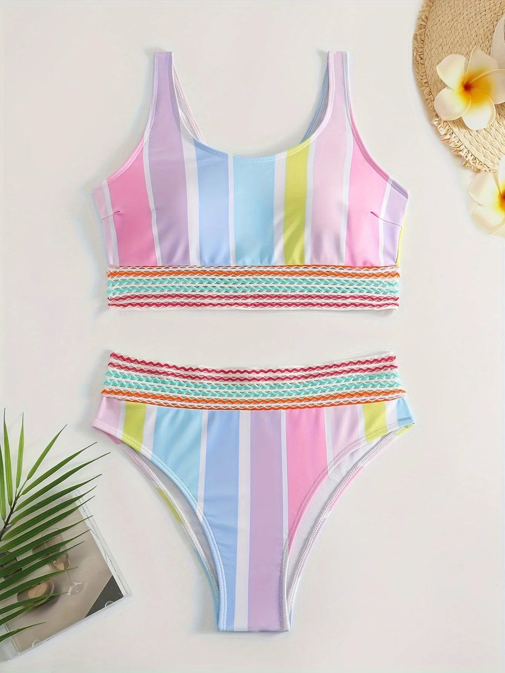 Women's striped bikini set in picture colour, briefs style with spandex lining.