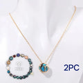 Natural stone beaded necklace and bracelet set laid out, showing earthy coloured beads.