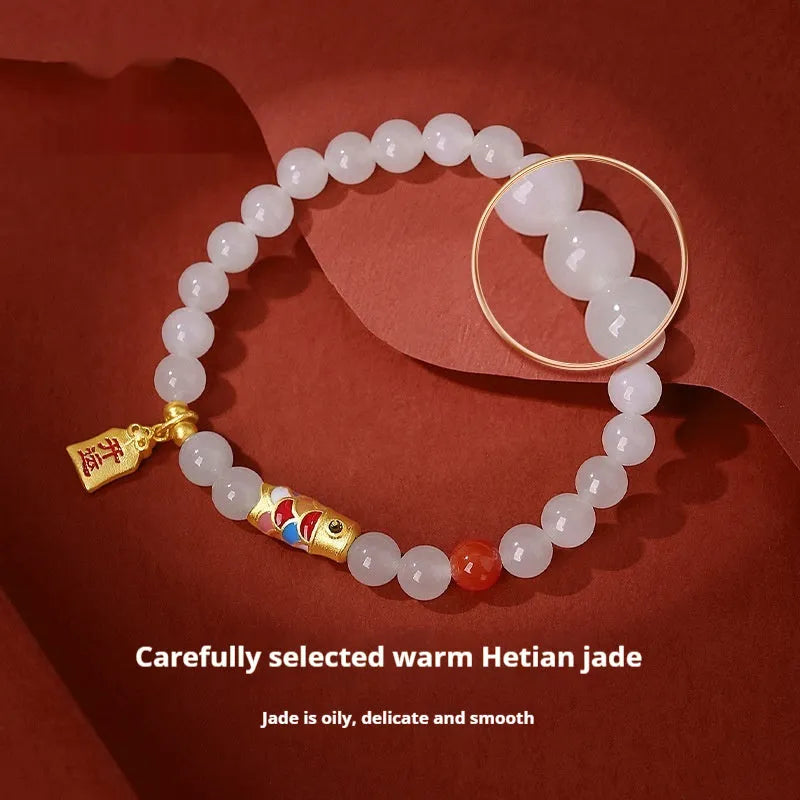 S925 sterling silver cold enamel koi Hetian jade bracelet with animal zodiac design