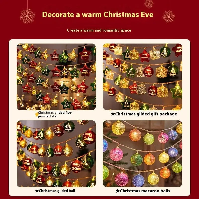Electroplated ball fairy lights with heart-shaped metallic ornaments for Christmas tree decoration