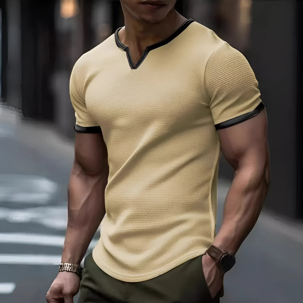 Men's colour-block V-neck outdoor sports T-shirt in waffle fabric on a hanger.