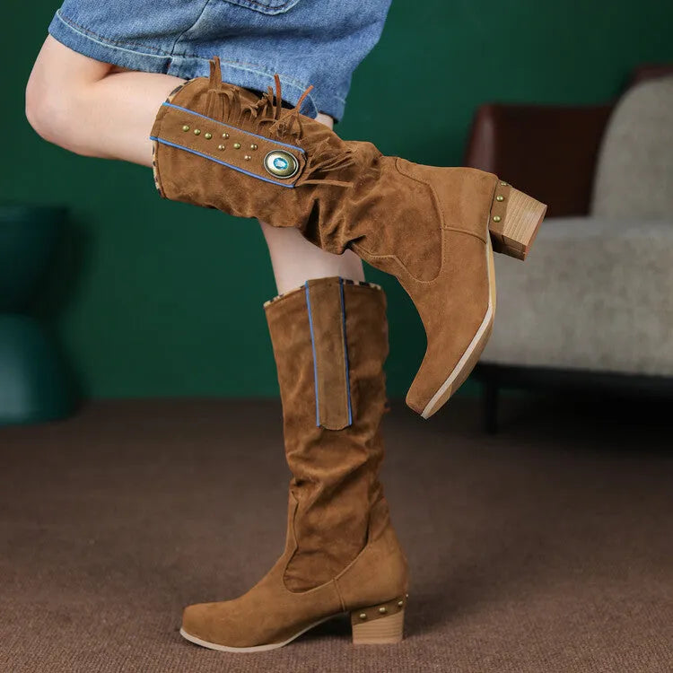 Women's square heel ankle boots in faux suede with PU lining and rubber outsole, shown in black, camel, deep brown, grey and khaki