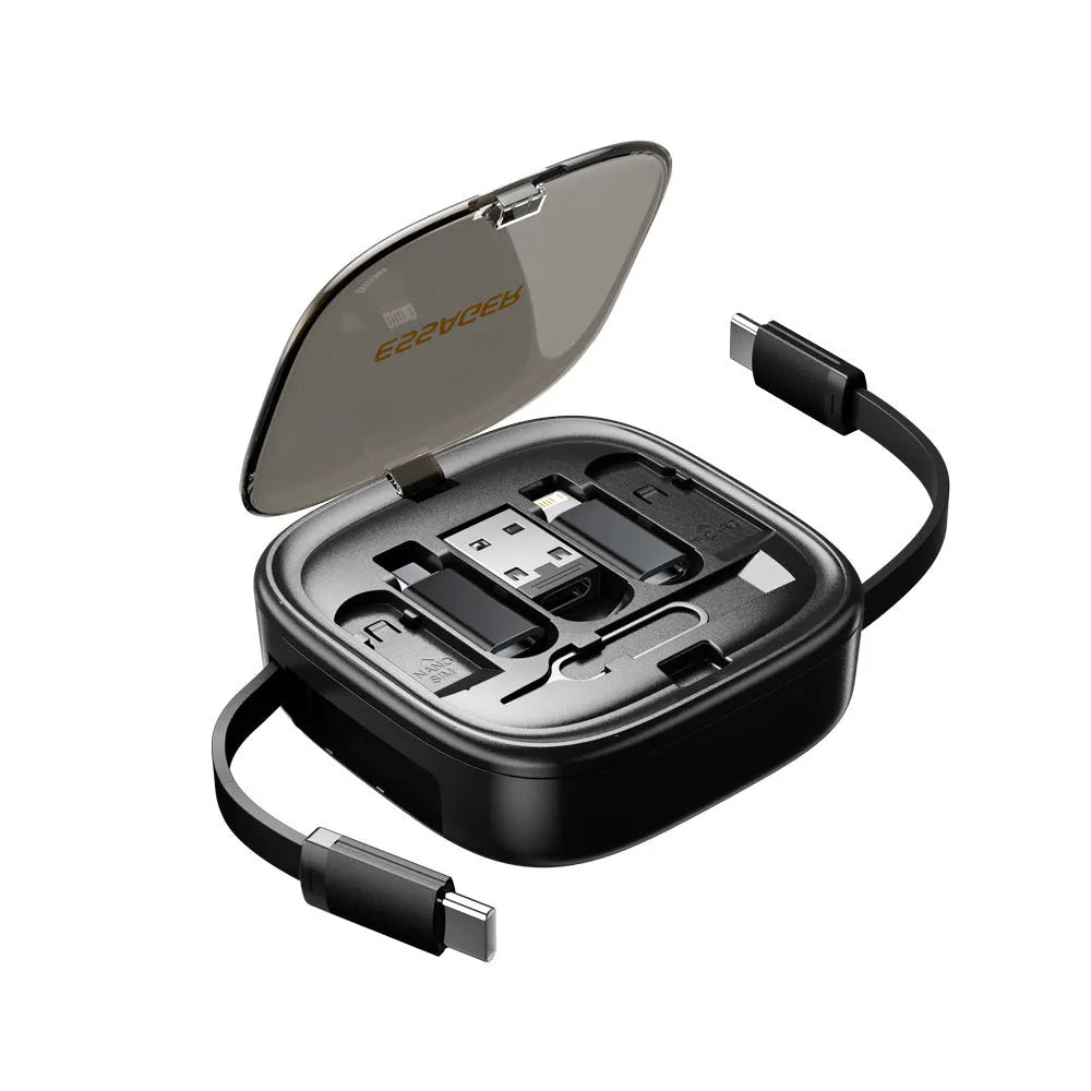 Black and white ABS PC mobile phone charging interface cable storage box with multi-function cable