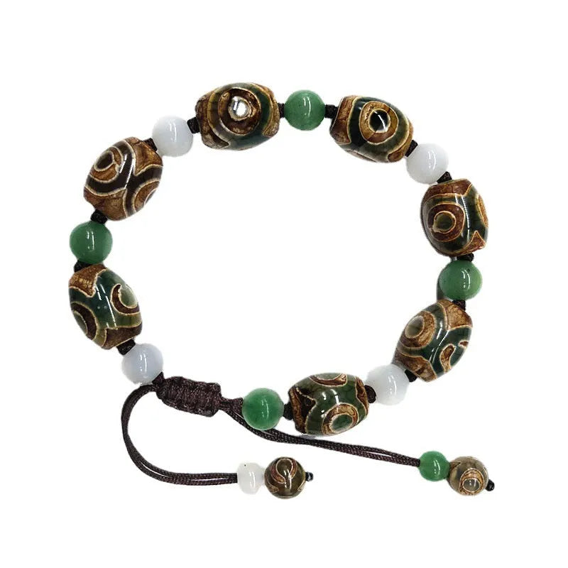 Green agate Tibetan beads bracelet with three-eye design and adjustable cord