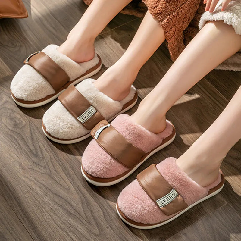 Women's furry slippers with Velcro closure, plush upper, and anti-slip PVC sole in beige