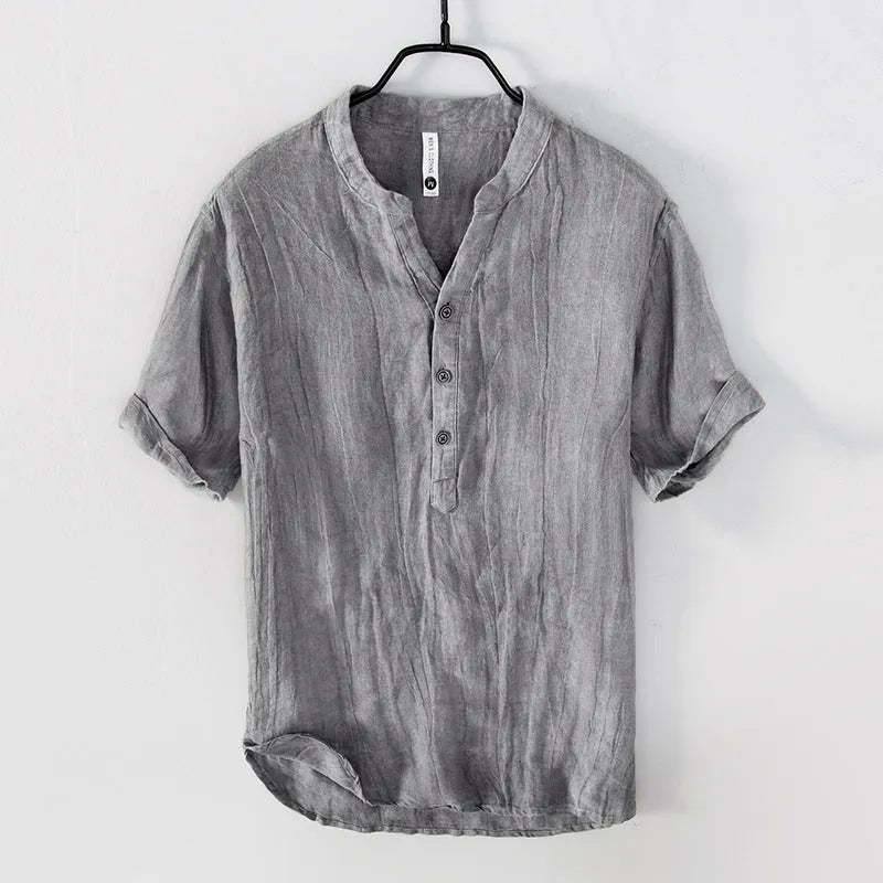 Women's grey linen short sleeve pullover top on a hanger